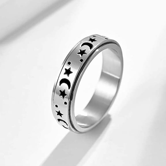 1 pc 201 Stainless Steel Rotatable Finger Rings Moon & Star Spinner Fidget Band Anxiety Stress Relief Ring for Women US Size 7(17.3mm)