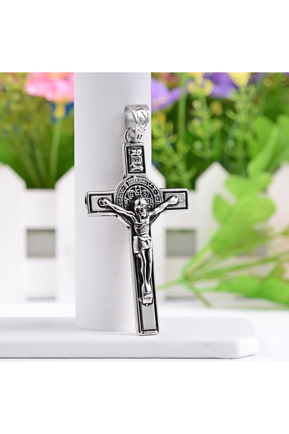 1 pc. 304 Stainless Steel Antique Silver Crucifix Cross Charm Pendant - 70mm x 39mm (2.8" x 1.5") - Hole Size: 11mm x 8mm - INRI