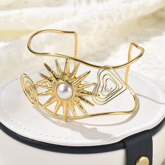 1 pc 304 Stainless Steel Cuff Bangles for Women Sun with Plastic Imitation Pearl Real 18K golden Plated Inner Diameter: 2-5/8 inch(6.7cm)