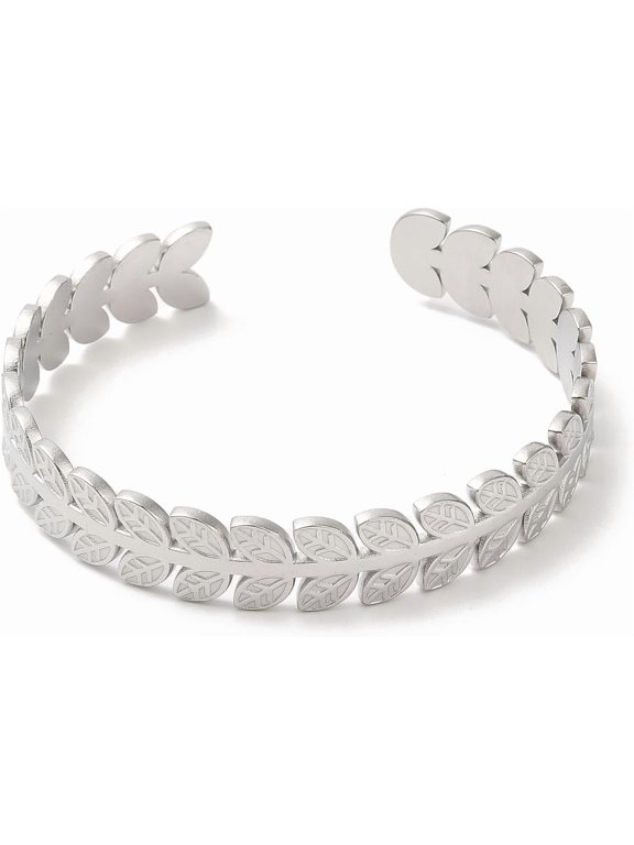 1 pc 304 Stainless Steel Leaf Open Cuff Bangles Jewelry for Women Stainless Steel Color Inner Diameter: 2-1/4 inch(5.55cm)