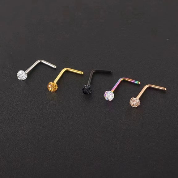 1 pc 304 Stainless Steel Rhinestone Round Ball L-Shaped Nose Rings Stainless Steel color 7mm Pin: 0.8mm Head: 3mm