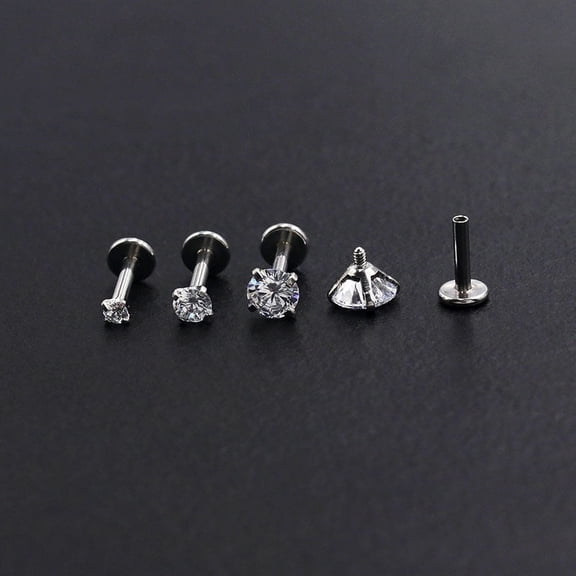 1 pc 304 Stainless Steel Threadless Labrets with Clear Cubic Zirconia Stainless Steel color Round 3x3mm Pole: 6mm