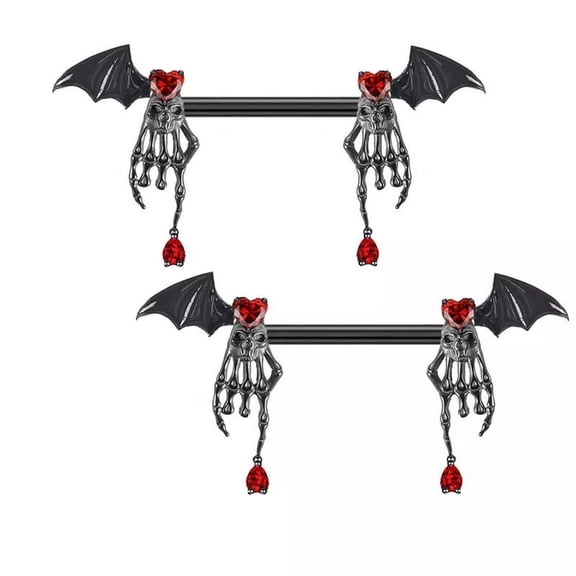 1 pc 316L Surgical Stainless Steel Ruby Rhineston Nipple Barbells Black Skeleton Hand with Wings 37x21mm