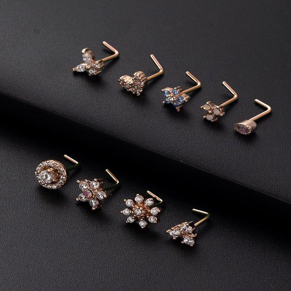 1 pc 316L Surgical Stainless Steel White Cubic Zirconia L-Shaped Nose Rings Flower Rose golden 7mm Pin: 0.8mm