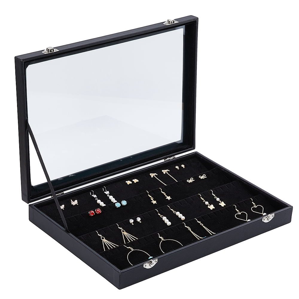 1 pc 4-Slot Rectangle PU Leather Earring Presentation Boxes Clear Glass ...