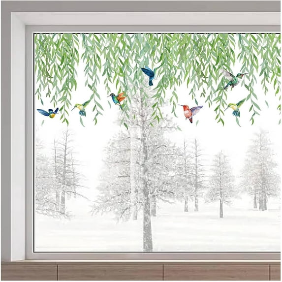 1 pc 45.7x15 Inch Large Wicker Window Decals Non Adhesive Double Sided Transparent Static Window Stickers Green Leaves Hanging Vine Hummingbird Window Clings for Glass Sliding Door Decor