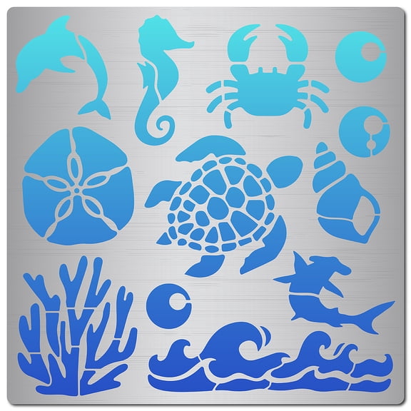 1 pc 6.3 Inch Ocean Creature Metal Stencil Dolin Wood Burning Stencil Reusable Sea Animals Journal Stencils Turtle Template Stainless Steel Stencils for Painting DIY Decorations Card Making