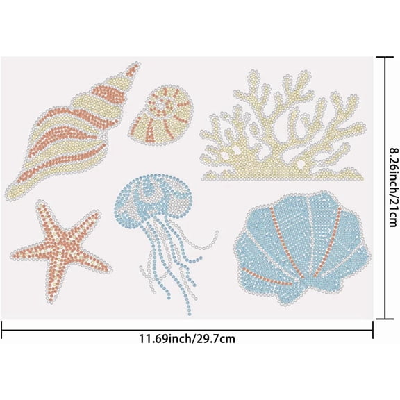 1 pc 6 Pcs Ocean Theme Iron on Rhinestones Transfer Scallop and Starfish Heat Transfer Stickers Iron on Decals Bling Rhinestone Patches for T-Shirt Clothing Bag DIY Art Craft 21x29.7cm