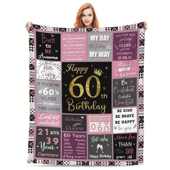 1 pc 60th Birthday Gifts for Women, 60th Birthday Blanket for Women, Gifts for A 60th Birthday, Happy 60th Birthday Decorations Gift Ideas for Her, 60th Birthday Gifts Throw Blanket 60"x80"