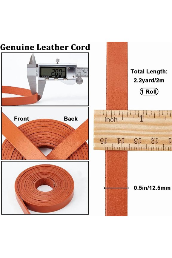 1 pc 79"/2m x 0.5"/12.5mm Genuine Leather Strips 2mm Thick Cowhide Leather Strap Flat Leather Cord Braiding Thread Rope for Jewelry Making Boot Lace Keychains DIY Crafts Saddle Brown