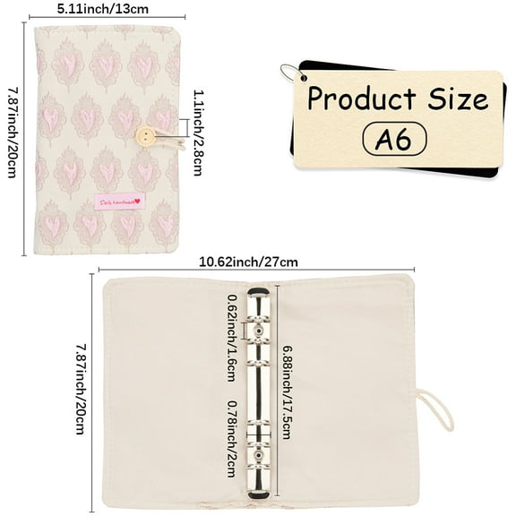 1 pc A6 Cloth 6-Ring Loose Leaf Zipper Book Covers Binder Cover Rectangle Seashell color 200x130x25mm