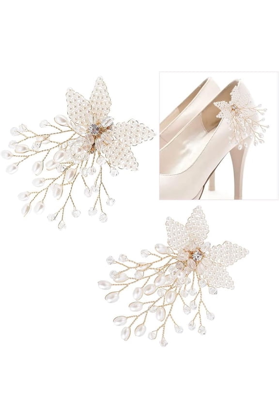 1 pc ABS Plastic Imitation Pearl Beaded Flower Wedding Shoe Decorations Copper Wire Wrapped with Rhinestone Golden 80x62x10mm