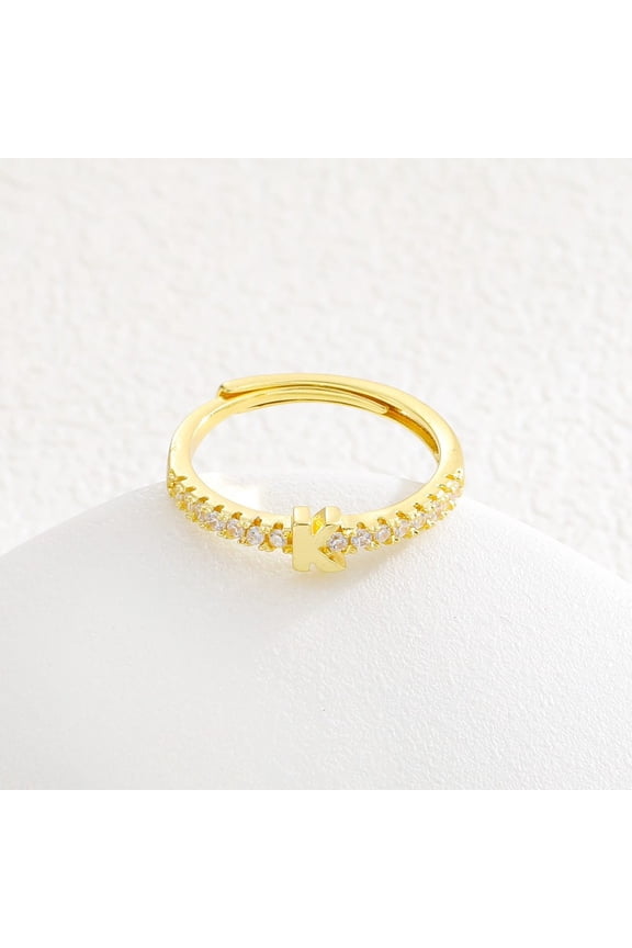 1 pc Adjustable Brass Micro Pave Clear Cubic Zirconia Finger Rings for Women Letter Golden Letter K Inner Diameter: 16~19mm