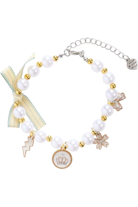 1 pc Adjustable Plastic Imitation Pearls Beads Pet Collars Necklaces Alloy Enamel Charms Cat Dog Choker Necklace White 226mm