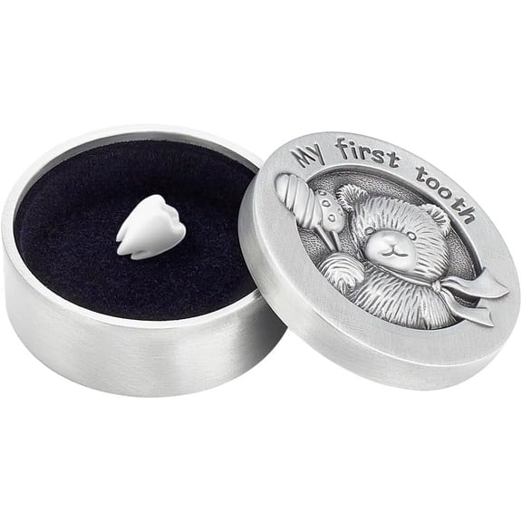 1 pc Alloy Engraved My First Curl Box Column Bear Keepsake Gift Box with Velvet Inside Silver 3.95x2.1cm