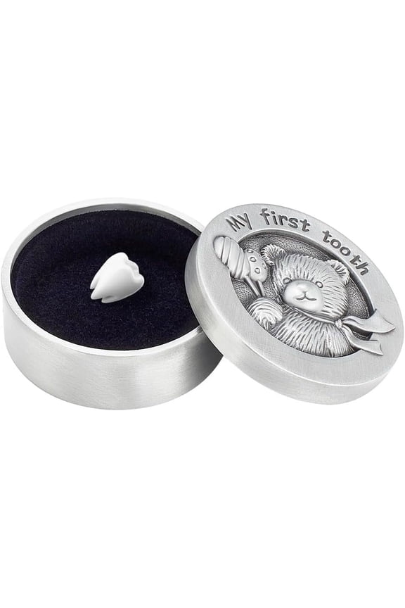 1 pc Alloy Engraved My First Curl Box Column Bear Keepsake Gift Box with Velvet Inside Silver 3.95x2.1cm