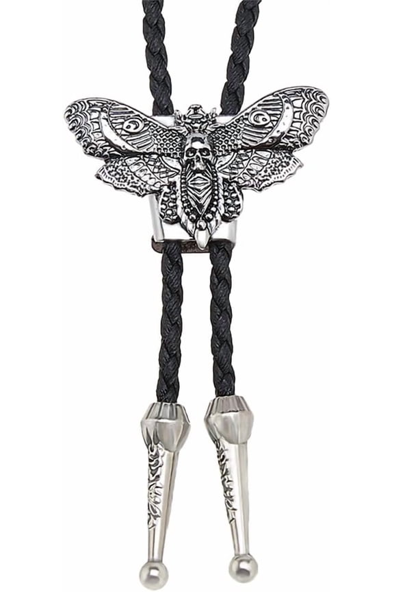 1 pc Alloy Moth Black PU Leather Cord Bolo Tie Lariat Necklaces for Women Men Silver 34.65 inch(88cm) for DIY
