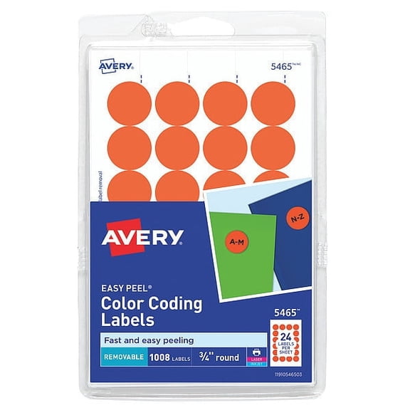 1 pc, Avery Orange Removable Print or Write Color Coding Labels for Laser and Inkjet Printers 5465, 3/4" Round, Pack of 1008
