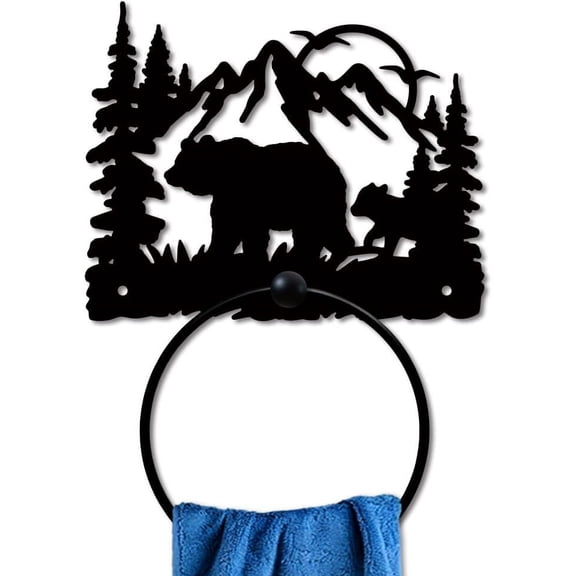 1 pc Bear Forest Metal Towel Ring Animal Mountain Towel Holder Sun Bird Metal Bath Towel Ring Wall Mounted Black Art Towel Rack for Bathroom Accessories Wall Mounted Decoration