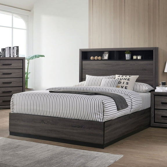 1-pc Bedroom Paper Veneer Grey Eastern King Size Bed w Shelf HB Furniture Contemporary Two-Tone Design
