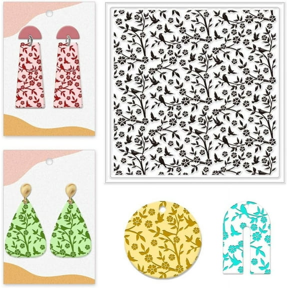 1 pc Bird and Flower Silicone Texture Stamp Sheet 5.5x5.5inch Leaf Transparent Clay Texture Stamp Mat Background DIY Clay Texture Pad for Making Earrings and Jewellery Polymer Clay