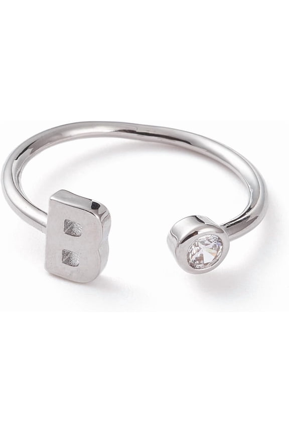 1 pc Brass Micro Pave Clear Cubic Zirconia Cuff Rings Open Rings Long-Lasting Plated Real Platinum Plated Letter.B Size 6 Inner Diameter: 17mm