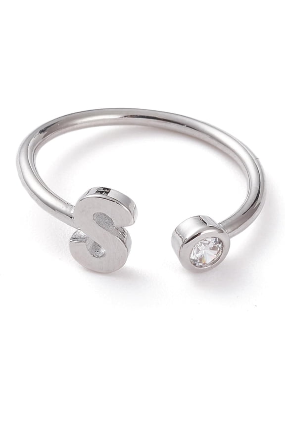 1 pc Brass Micro Pave Clear Cubic Zirconia Cuff Rings Open Rings Real Platinum Plated Letter.S US Size 6 Inner Diameter: 17mm