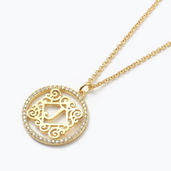 1 pc Brass Micro Pave Clear Cubic Zirconia Pendant Necklaces Flat Round with Letter 18K Gold Plated Letter.J 16.14~17.20 inch(41~43.7cm) for Handmade