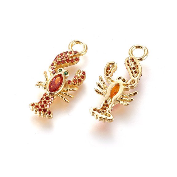 1 pc Brass Micro Pave Cubic Zirconia Pendants Lobster Orange Red Golden 23.5x10x3mm Hole: 3mm