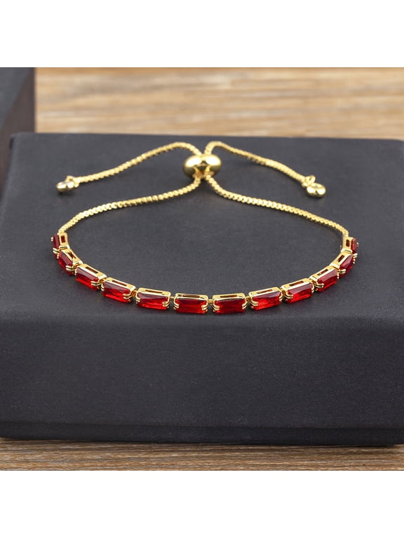 1 pc Brass Micro Pave Cubic Zirconia Slider Bracelets Rectangle Link Chain Bracelets for Women Real 18K golden Plated Red 7-7/8 inch(20cm)