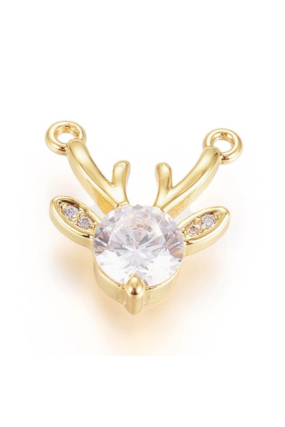 1 pc Christmas Brass Micro Pave Cubic Zirconia Pendants Elk Christmas Reindeer/Stag Clear Real 18K Gold Plated 12.5x12x3.5mm Hole: 1mm
