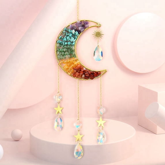 1 pc Copper Wire Wrapped Gemstone Chips Metal Moon with Tree of Life Pendant Decorations Hanging Suncatchers with Glass Teardrop Pendant 50x11cm