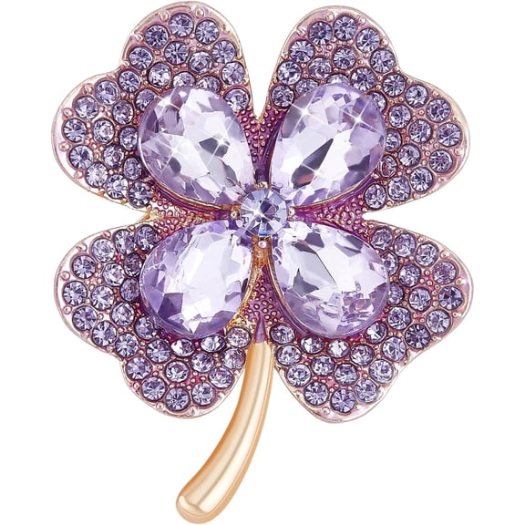 1 pc Cubic Zirconia Clover Brooch Pin Golden Alloy Badge for Backpack Clothes Purple 42x50mm