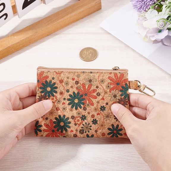 1 pc Daisy Flower Printed Cork Zipper Wallets Rectangle Camel 86x120x9.5mm
