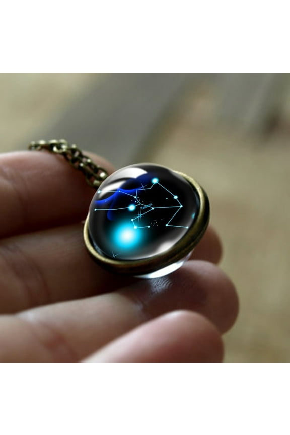 1 pc Double Glass Round with Constellation Pendant Alloy Chain Necklaces Bronze Taurus 17.72~19.69 inch(45~50cm)