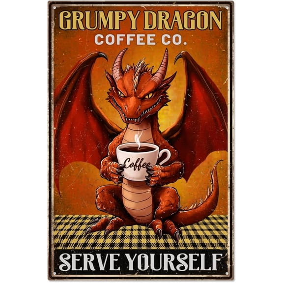 1 pc Dragon Funny Metal Tin Sign Grumpy Dragon Coffee co. Serve Yourself Vintage Metal Sign Retro Dragon Cafe Bar Home Wall Decoration Plaque for Cafe Office Kitchen Living Room 7.9x11.8 Inch