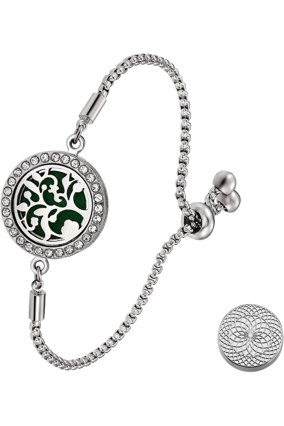 1 pc Essential Oil Diffuser Bracelet AlloyTree of Life Locket Link Slider Bracelet with Rhinestone for Women Platinum Green