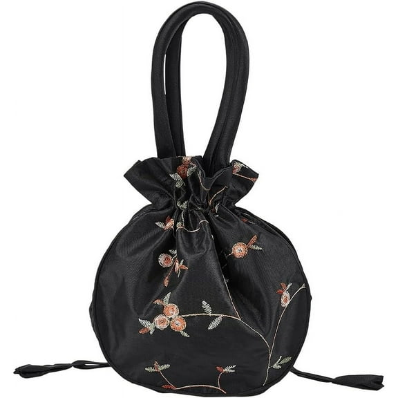 1 pc Ethnic Style Flower Embroidered Polyester Handbag Chinese Style Drawstring Clutch Bag for Women Black 22.5x20.5x0.55cm