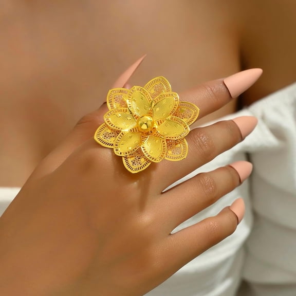 1 pc Exaggerated Iron Flower Open Cuff Ring for Festivals Weddings and Parties Golden Inner Diameter: 16~18mm