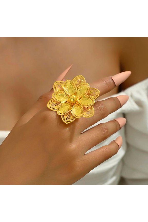 1 pc Exaggerated Iron Flower Open Cuff Ring for Festivals Weddings and Parties Golden Inner Diameter: 16~18mm