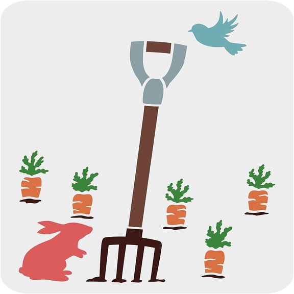 1 pc Farm Bunny Painting Stencil Garden Fork Stencil 29.7x21cm Large Reusable Rabbit Carrot Stencil Bird Drawing Stencil Craft Stencil for Pastoral Scenery Spring Easter Home Decoration