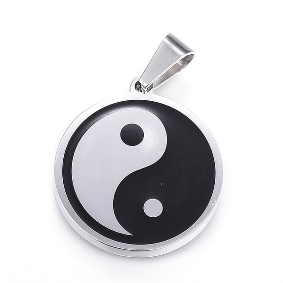1 pc Feng Shui 304 Stainless Steel Pendants Enamel Flat Round with Yin Yang Stainless Steel color 28.5x25.5x3mm Hole: 9.5x5mm Stainless Steel+Enamel