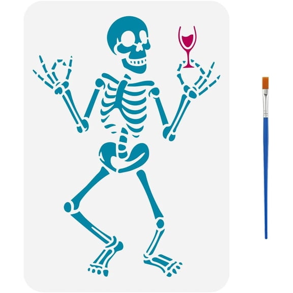 1 pc Funny Skeletons Stencil with a Paint Brush 11.7x8.3Inch Skull Holding Wine Glasses Stencil Skeleton Drinking Stencil Skeleton Theme Drawing Template for Wall Tiles Floor Paper Furniture