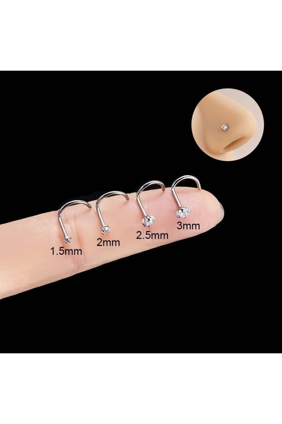 1 pc G23 Titanium Micro Pave Clear Cubic Zirconia Flat Round Fishtail Nose Rings Stainless Steel Color 1.5mm