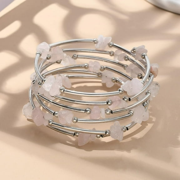 1 pc Gemstone Chip Warp Bracelets Steel Bracelet Memory Wire with Brass Tube Beads and Iron Round Beads Platinum Rose Quartz 53mm