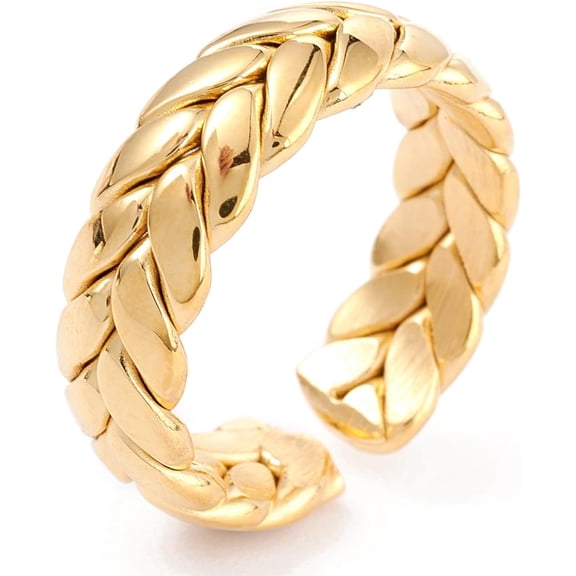 1 pc Gold 304 Stainless Steel Open Ring Diamond Leaf Texture Pattern 8 Yd Inner Diameter 17.5mm For Men And Women