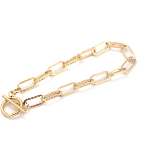 1 pc Golden 8 inch 304 Stainless Steel Paperclip Chain Bracelet with Toggle Clasp Round Link Chain Bracelet Chain Bracelet Finding Ideal for Jewelry Making and Craft Projects