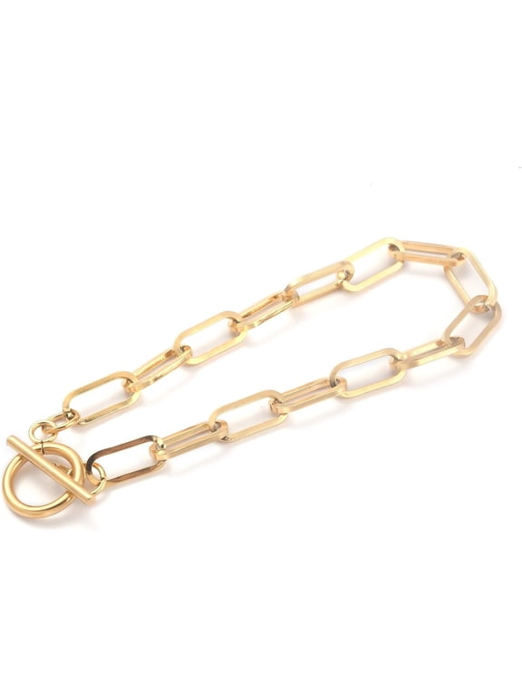 1 pc Golden 8 inch 304 Stainless Steel Paperclip Chain Bracelet with Toggle Clasp Round Link Chain Bracelet Chain Bracelet Finding Ideal for Jewelry Making and Craft Projects