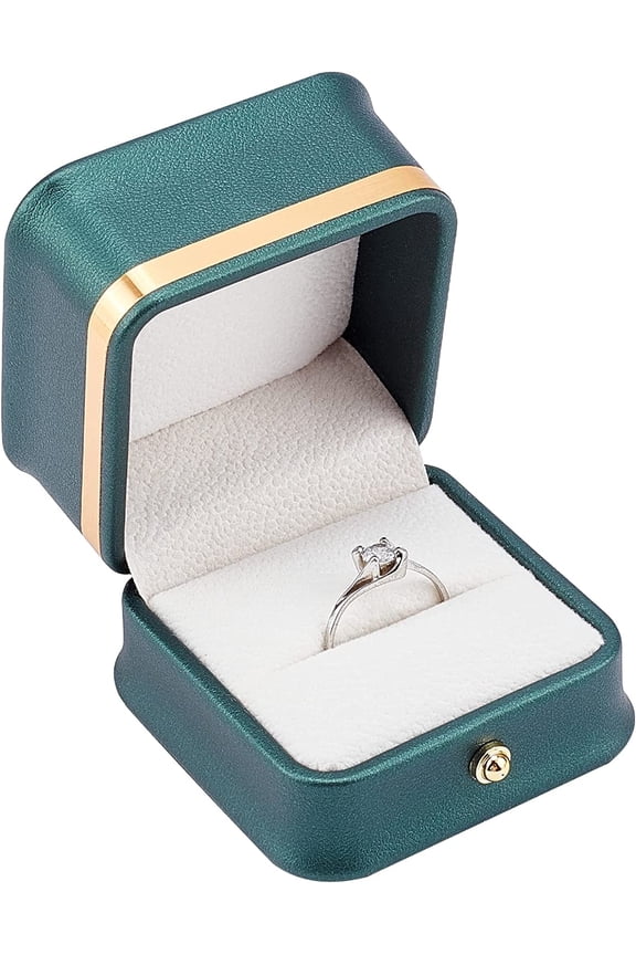 1 pc Gorgeous Ring Box with Golden Border Square Leather Ring Gift Boxes with Velvet Inside for Engagement Proposal Wedding Rings Organiser Jewelry Storage Case Dark Green