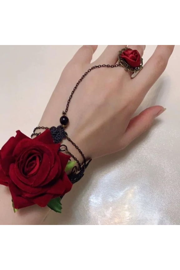 1 pc Gothic style Retro Alloy Lace Flower Link Rings Bracelets for Women Red No Sise